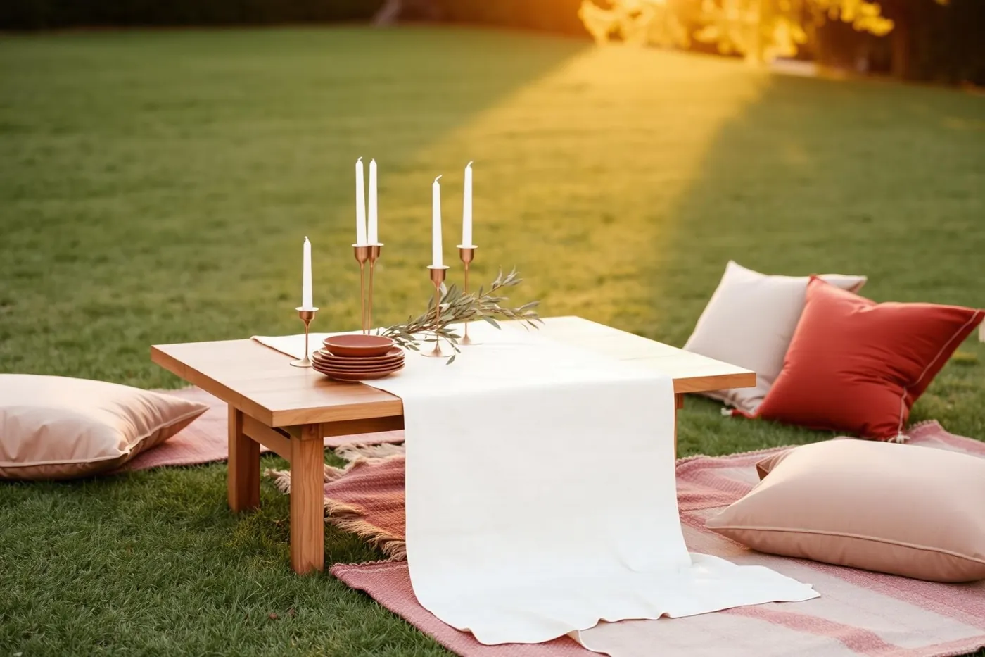 A styled outdoor picnic setup at golden hour with candles, olive branches and layered rugs